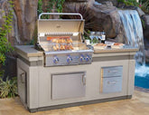 AOG L-Series Island Bundle featuring a built-in grill with rotisserie kit, storage drawers, and elegant design, perfect for enhanced outdoor cooking.
